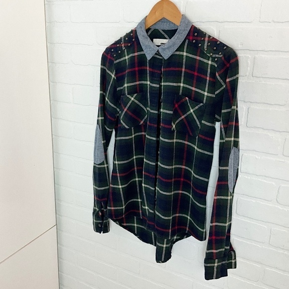 Vintage Y2K Button down Shirt Plaid Flanelle Studds Elbow patches Amnesia Navy S - Picture 7 of 16